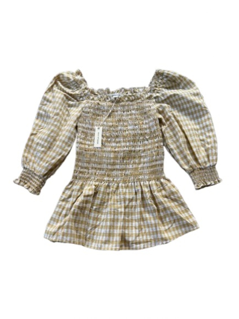 Max Studio Gold and White Gingham Smocked Peplum Blouse Size S NWT